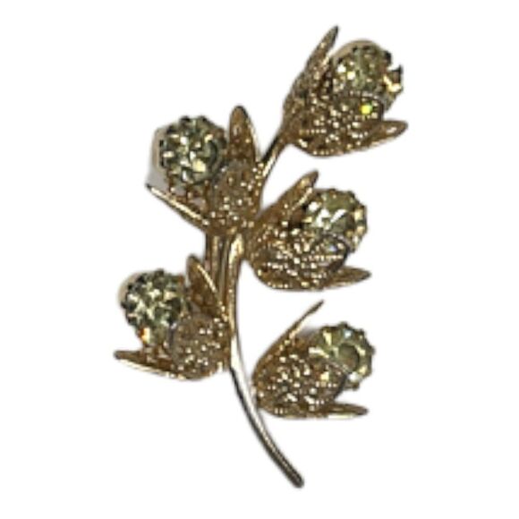 Vintage Green Crystal Goldtone Floral Flower Brooch Pin - Picture 2 of 8